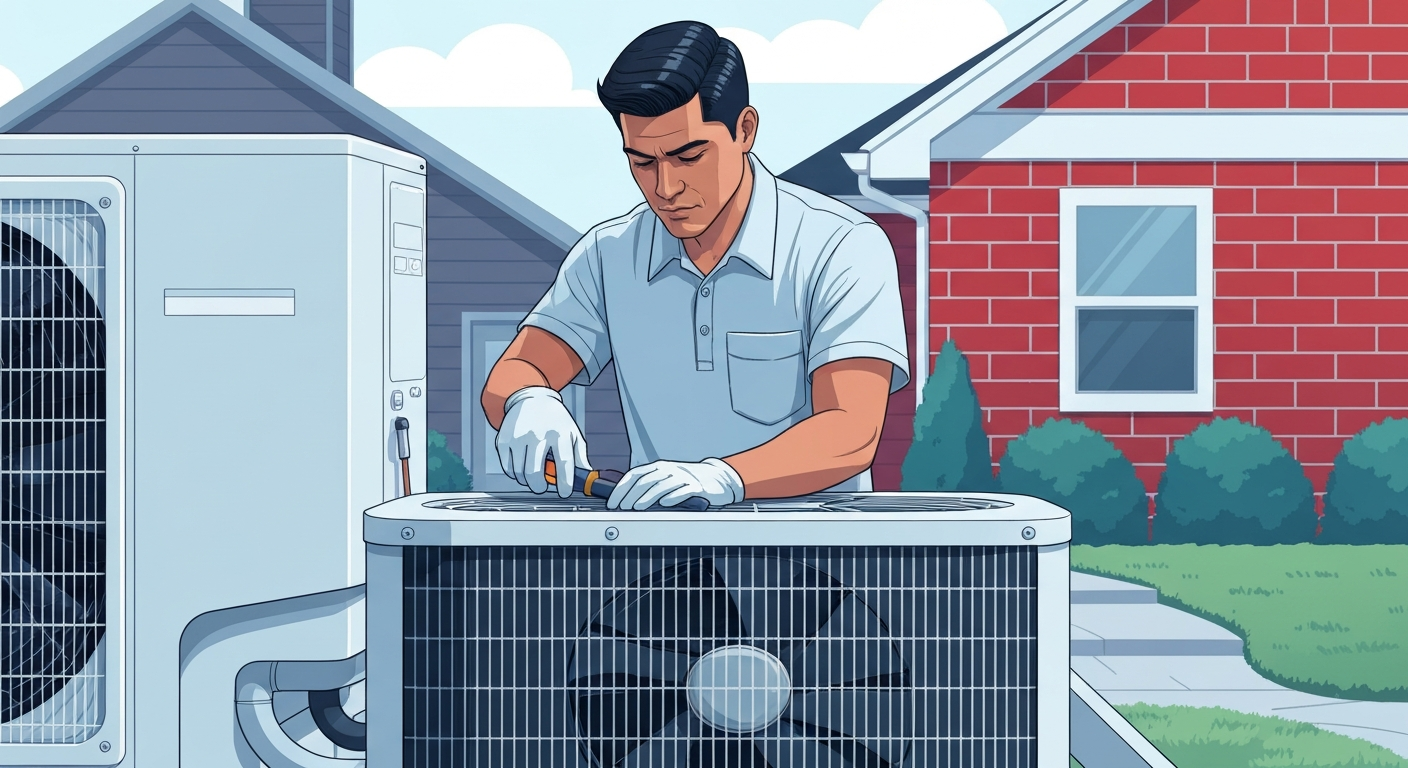 An HVAC technician installing a residential air conditioning condenser unit outdoors with a service van branded with HVAC certifications.