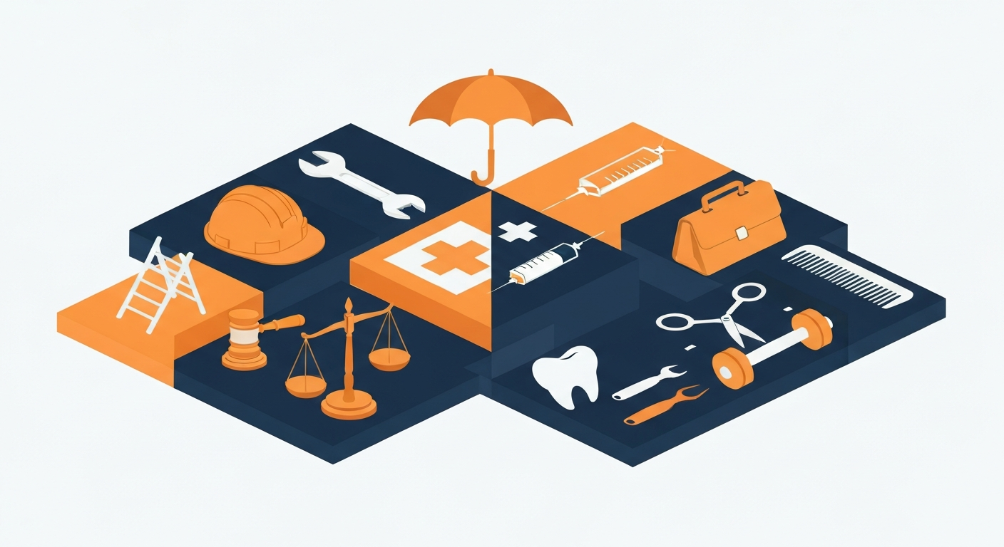 A vertical mosaic showing trades, legal, medical, and personal-service icons unified under a single SEO methodology umbrella.