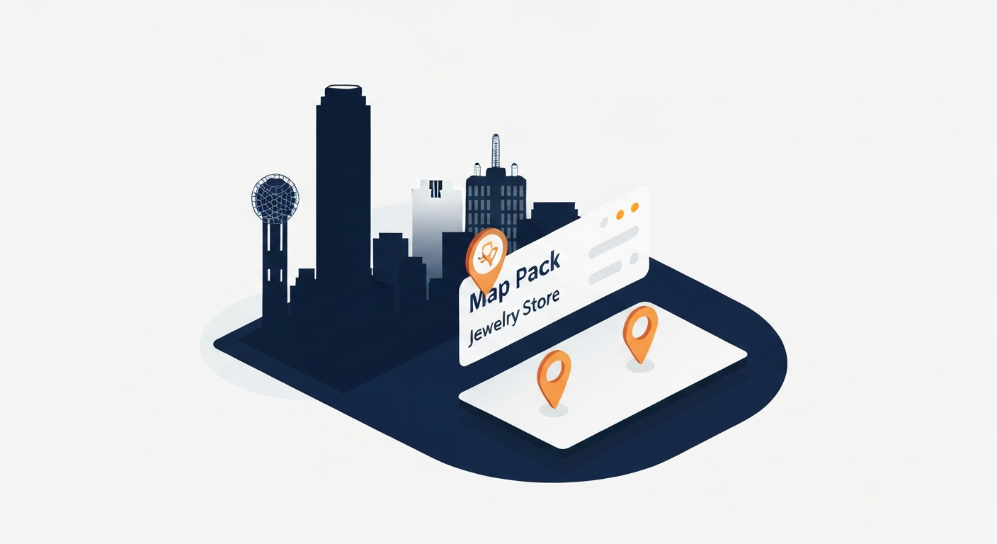 A Map Pack ranking visualization for Jewelry Store businesses in Dallas.