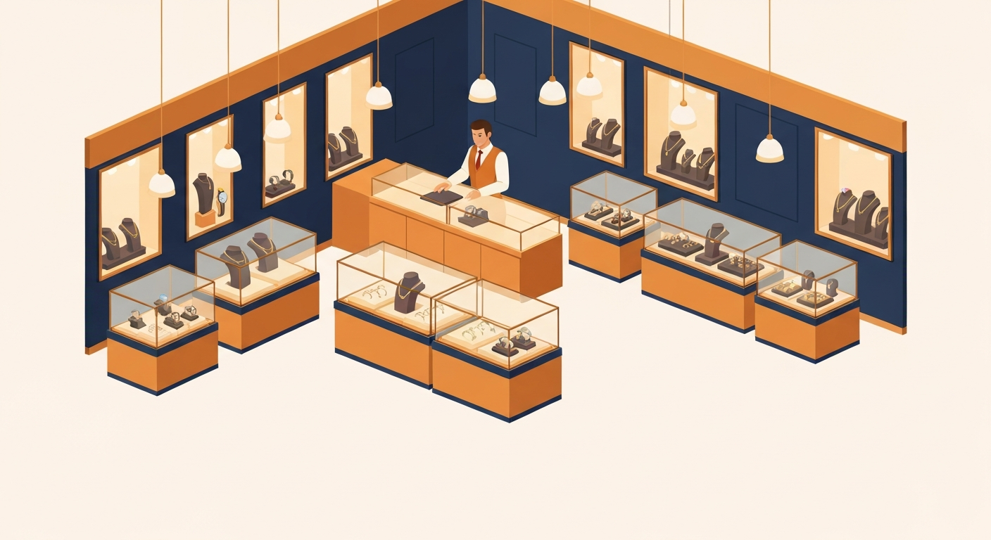An elegant jewelry store storefront with display cases of engagement rings, watches, and necklaces under premium lighting.