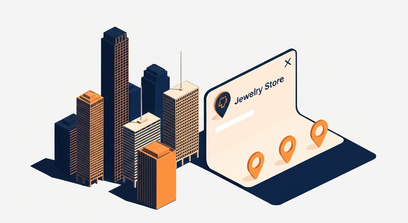 A Map Pack ranking visualization for Jewelry Store businesses in Houston.