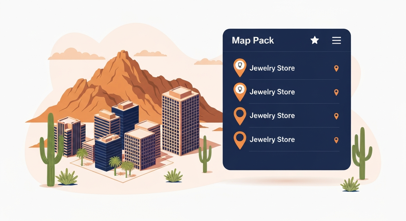 A Map Pack ranking visualization for Jewelry Store businesses in Phoenix.