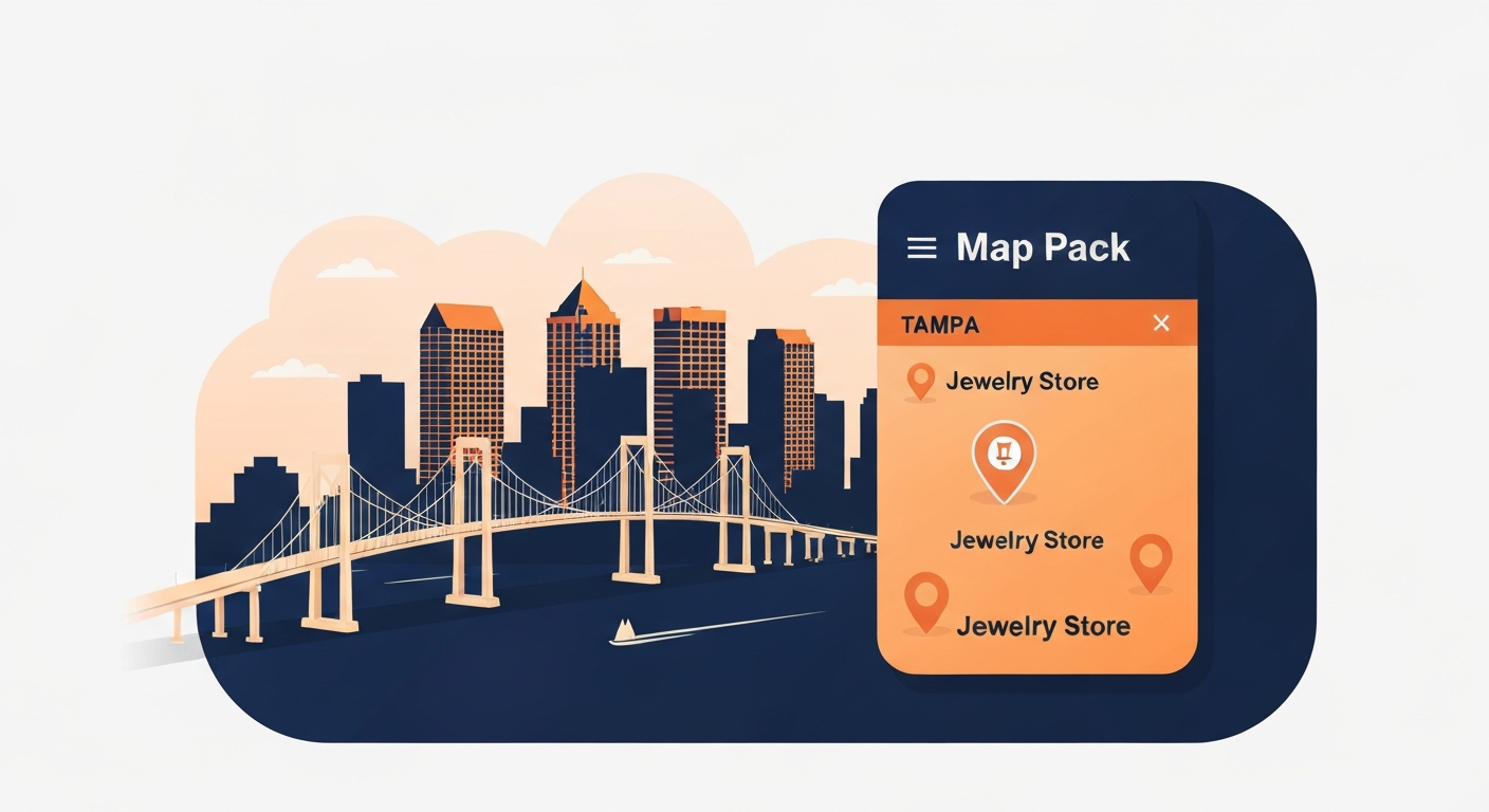 A Map Pack ranking visualization for Jewelry Store businesses in Tampa.