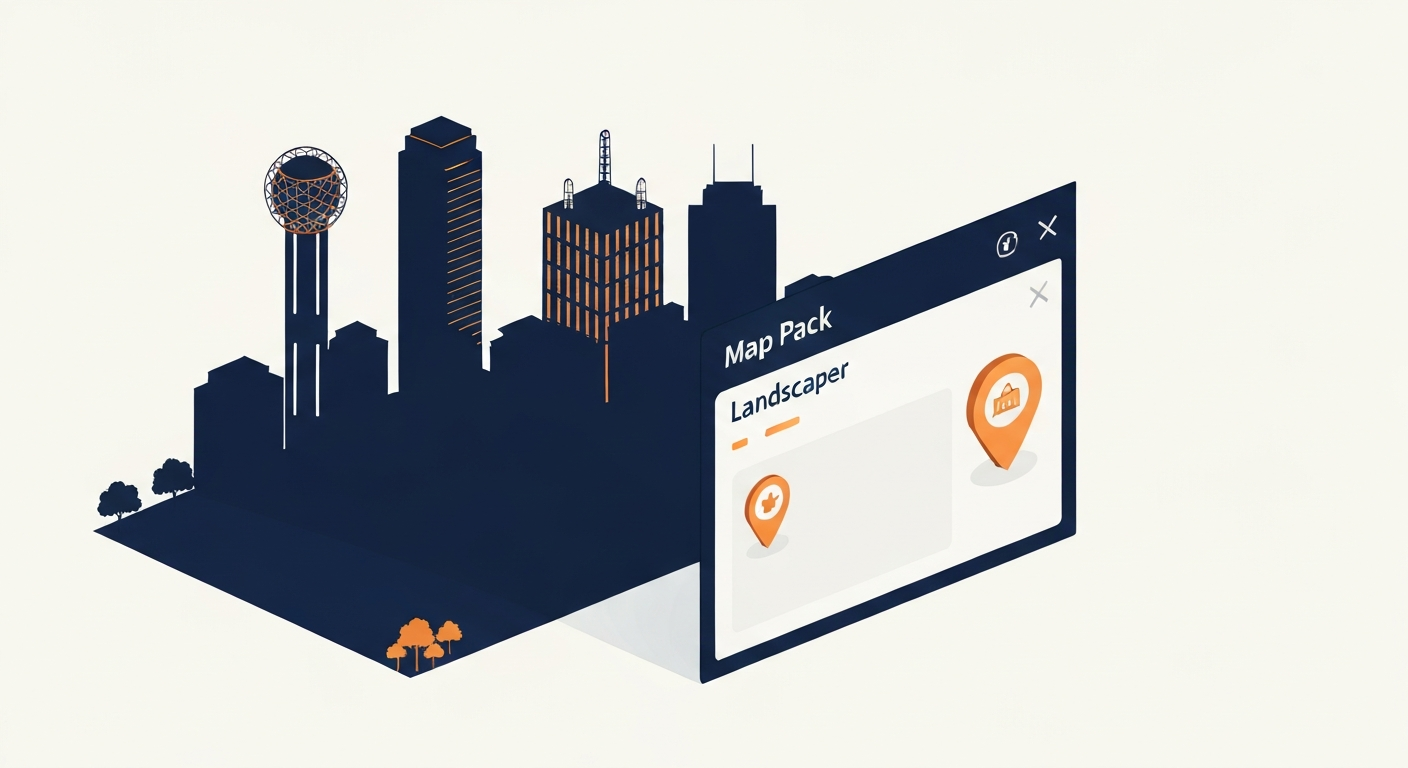 A Map Pack ranking visualization for Landscaper businesses in Dallas.
