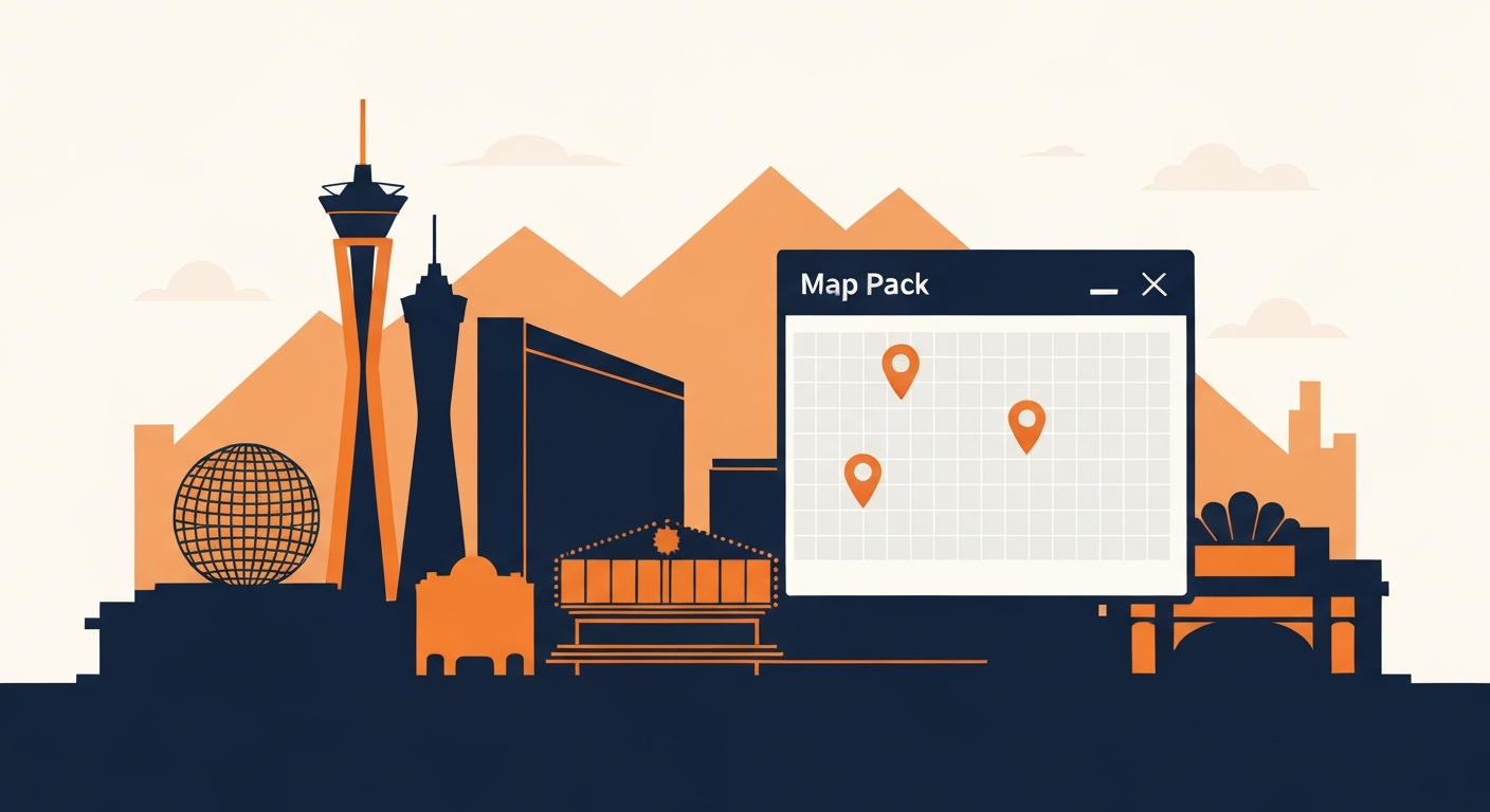 Las Vegas strip skyline silhouette with the Stratosphere tower, Sphere, and casino marquees, with a Map Pack panel showing three location pins overlaid on a Las Vegas metro grid.