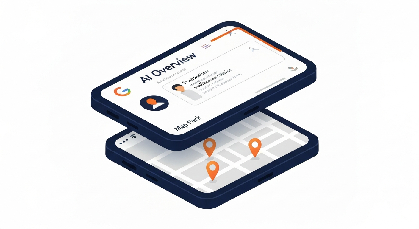 Split-screen illustration of a Google search results page showing the AI Overview panel at the top with three cited business cards, and the Map Pack with three location pins below, depicting the dual-surface visibility model.
