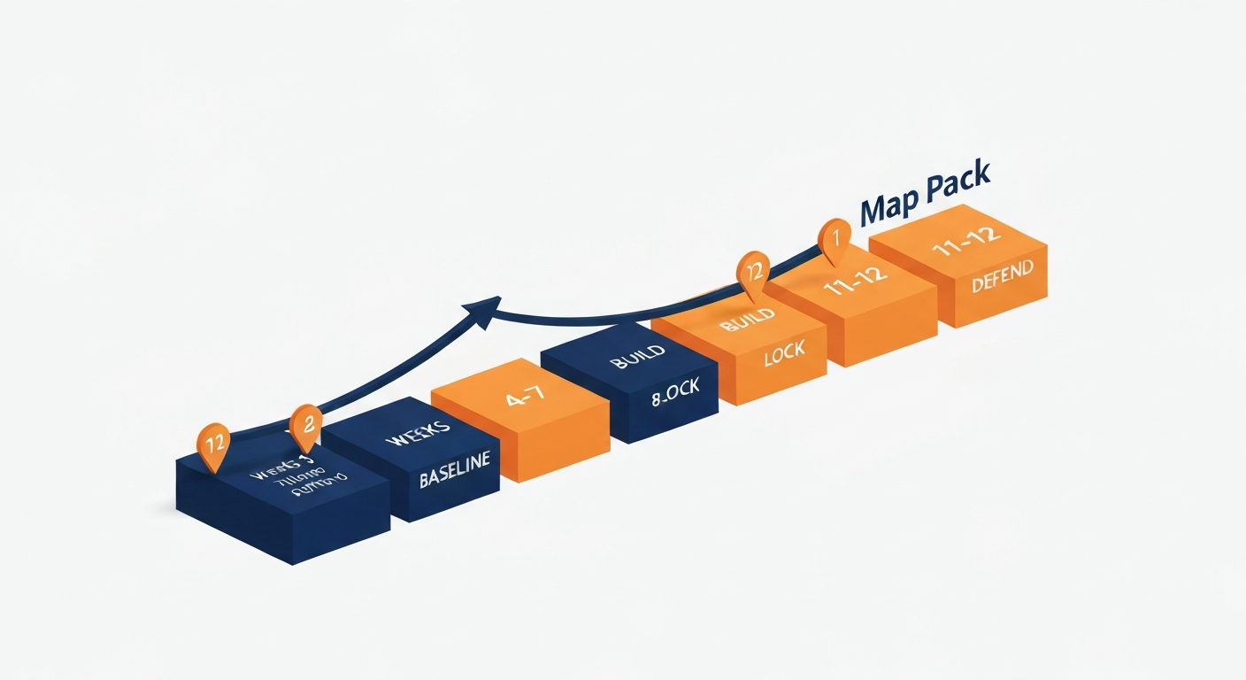 A 12-week program timeline split into four 3-week phases (Baseline, Build, Lock, Defend) with milestone markers and Map Pack ranking advancement.