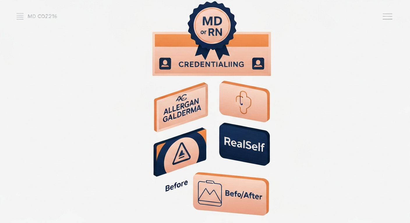 Stacked credentialing icons for med spas: MD/RN, manufacturer certifications, RealSelf badge, before/after gallery icons.