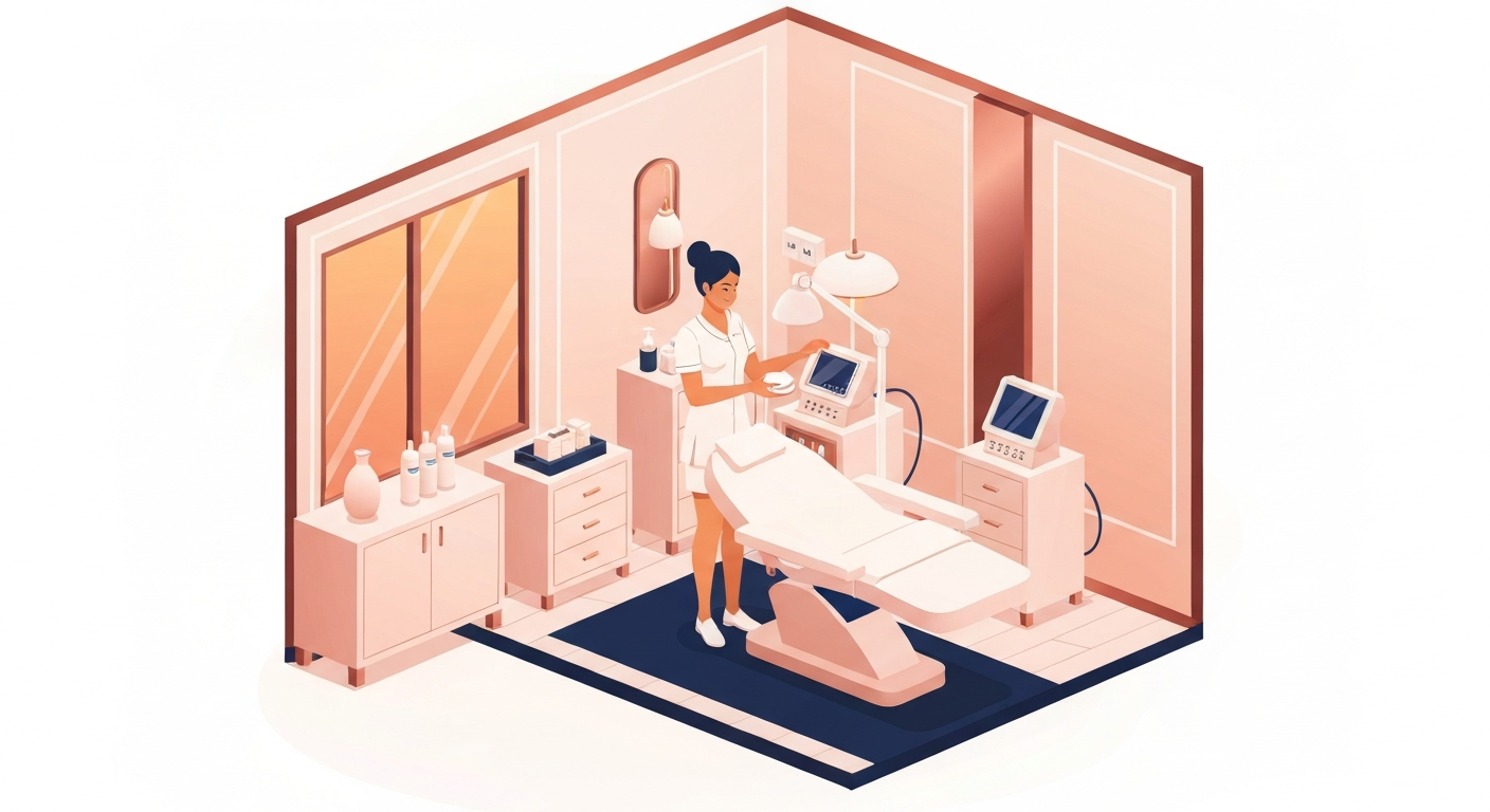 A modern med spa treatment room with an aesthetic professional preparing skincare equipment, soft lighting, premium aesthetic.