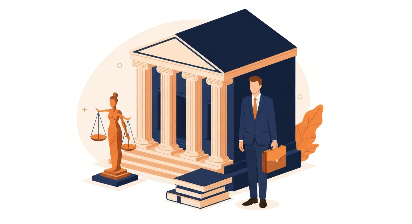 A personal injury attorney in a suit standing outside a courthouse with scales of justice and a briefcase.