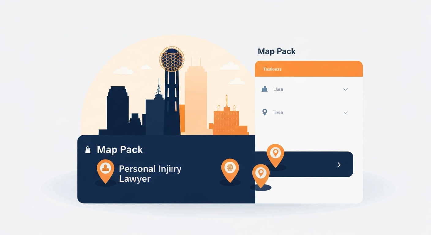 A Map Pack ranking visualization for Personal Injury Lawyer businesses in Dallas.
