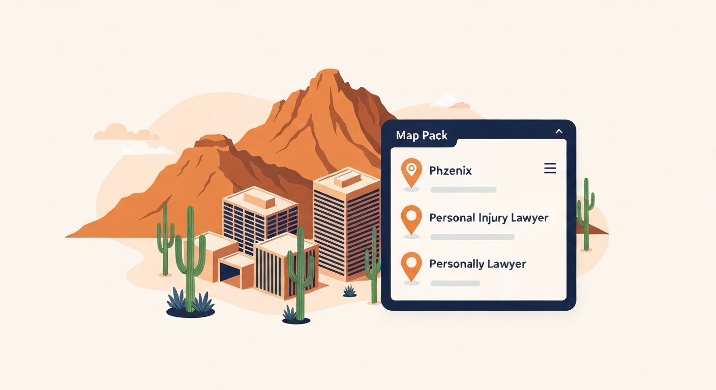 A Map Pack ranking visualization for Personal Injury Lawyer businesses in Phoenix.
