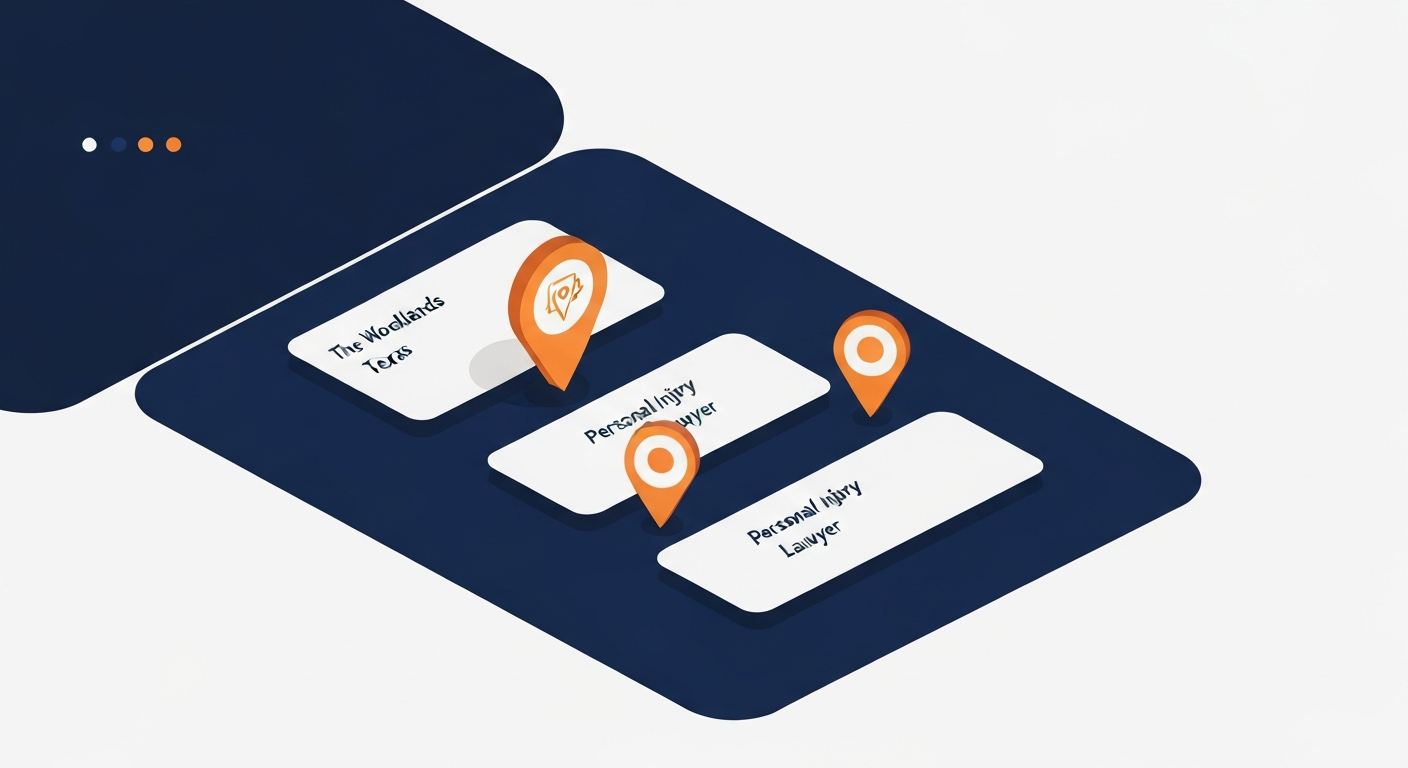 A Map Pack ranking visualization for Personal Injury Lawyer businesses in The Woodlands.