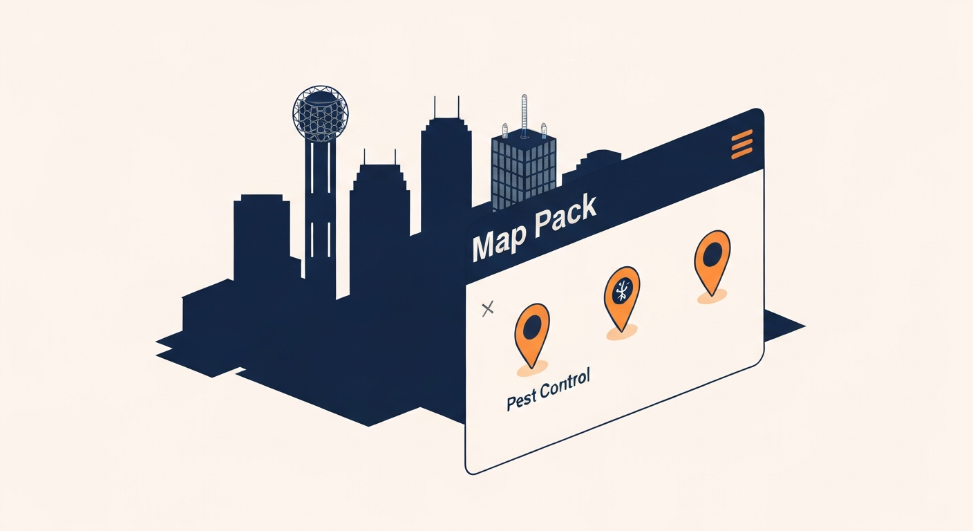 A Map Pack ranking visualization for Pest Control businesses in Dallas.