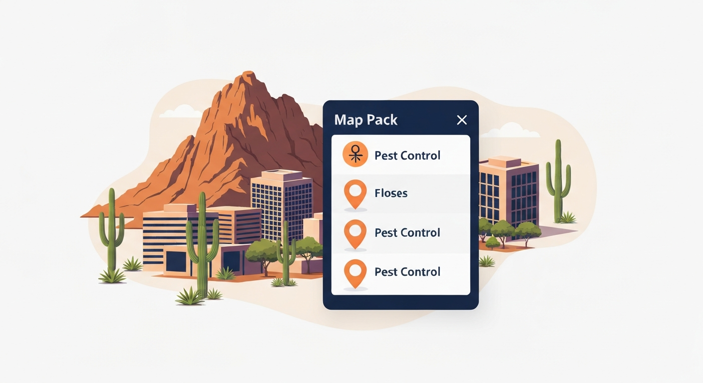 A Map Pack ranking visualization for Pest Control businesses in Phoenix.