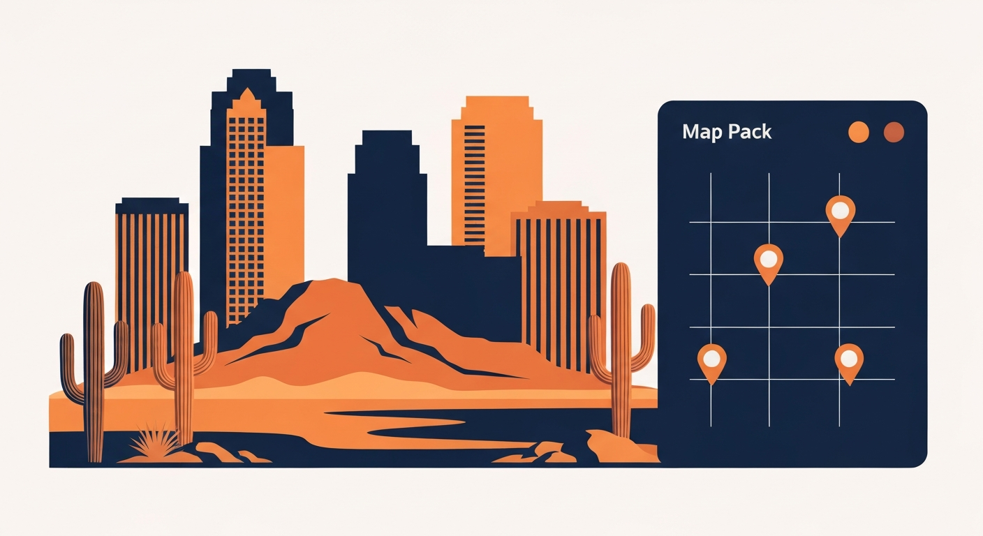 Phoenix Arizona downtown skyline with Camelback Mountain silhouette and saguaro cacti, with a Map Pack panel showing three location pins overlaid on a Phoenix metro grid.