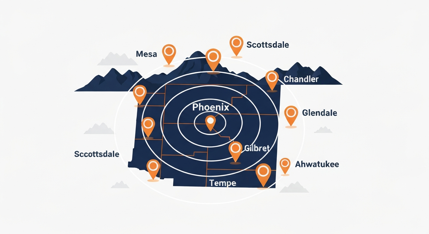 A geographic coverage map of the Phoenix metro showing reach circles centered on downtown Phoenix with Scottsdale, Mesa, Chandler, Gilbert, Glendale, and Tempe labeled as service neighborhoods.