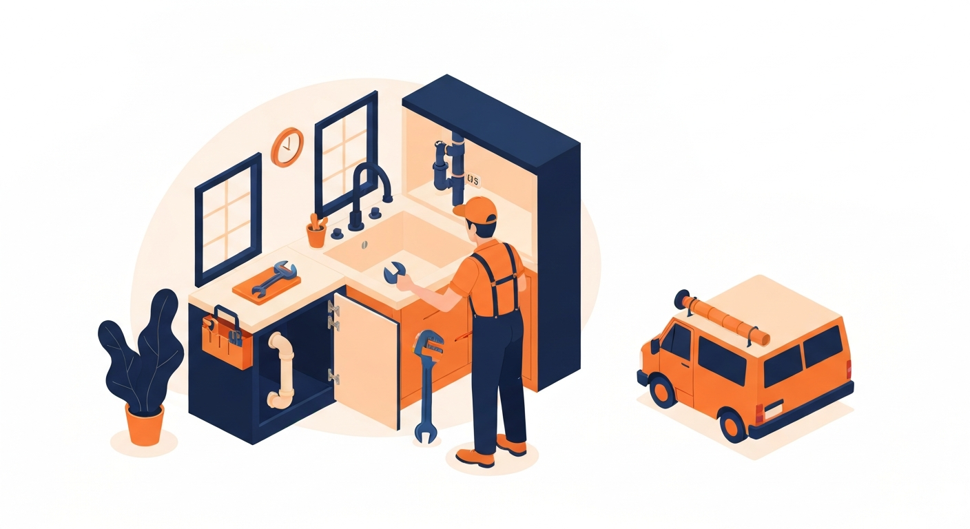A licensed plumber in uniform with a wrench and pipe tools fixing a residential kitchen sink, with a service van outside.