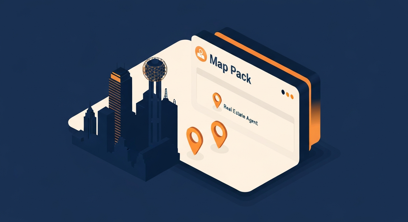 A Map Pack ranking visualization for Real Estate Agent businesses in Dallas.