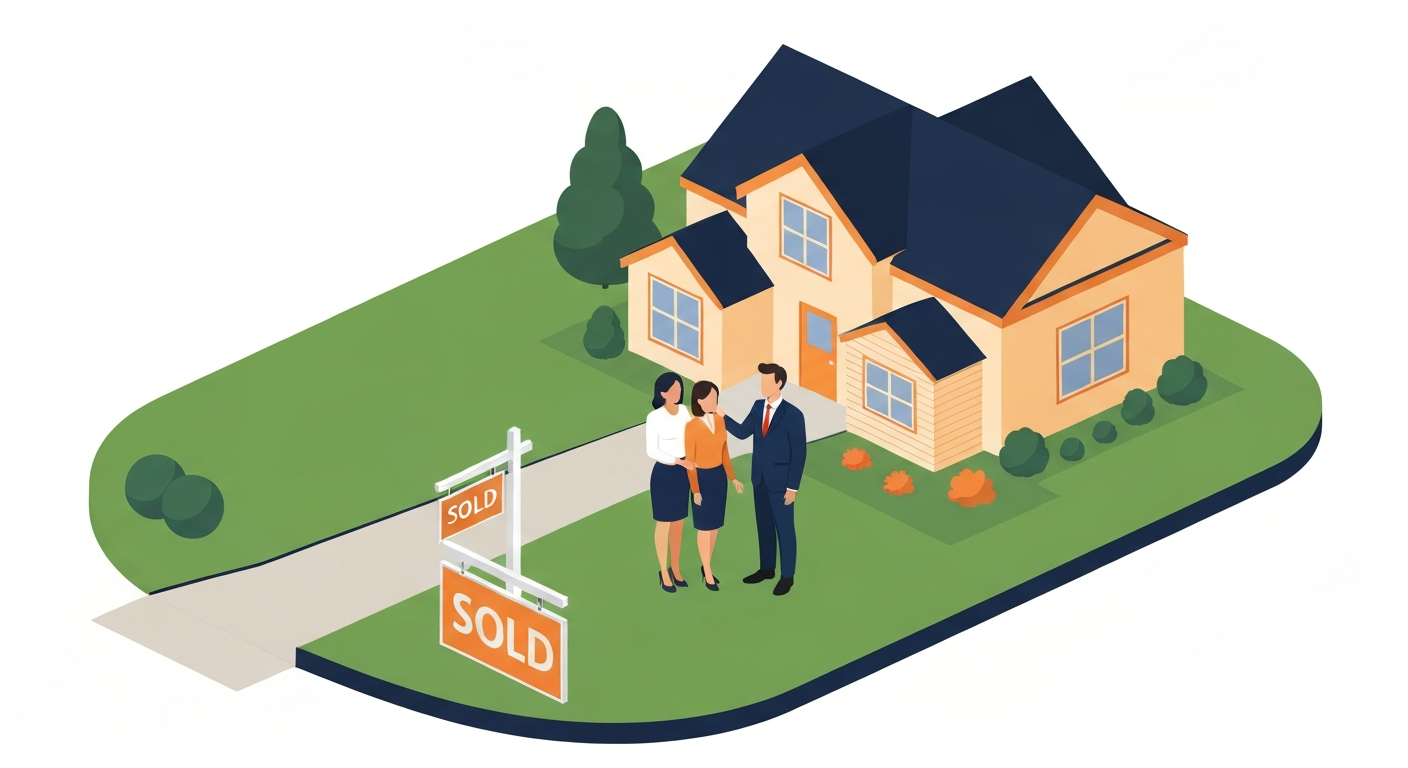 A real estate agent showing a home to a couple with a sold sign in the front yard and a key being handed over.