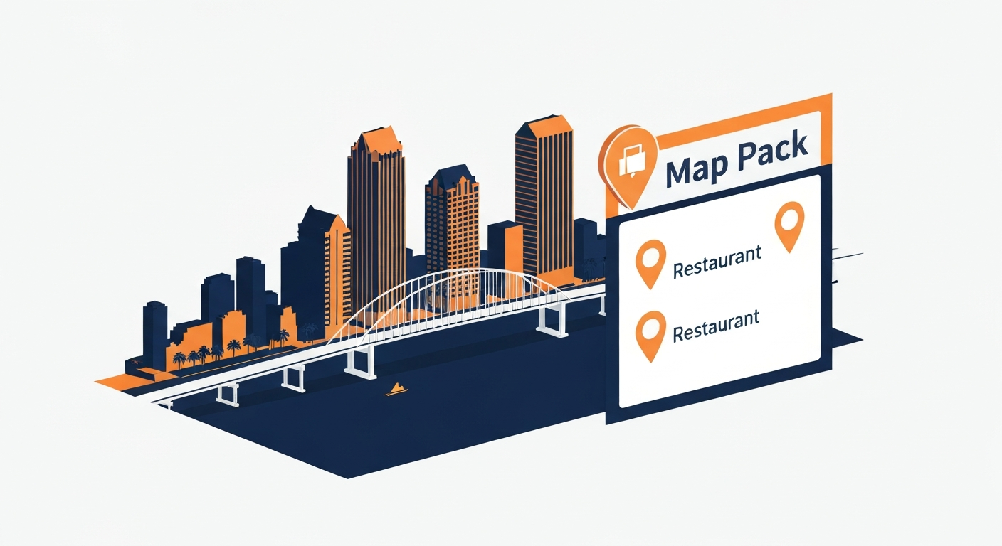 A Map Pack ranking visualization for Restaurant businesses in Tampa.