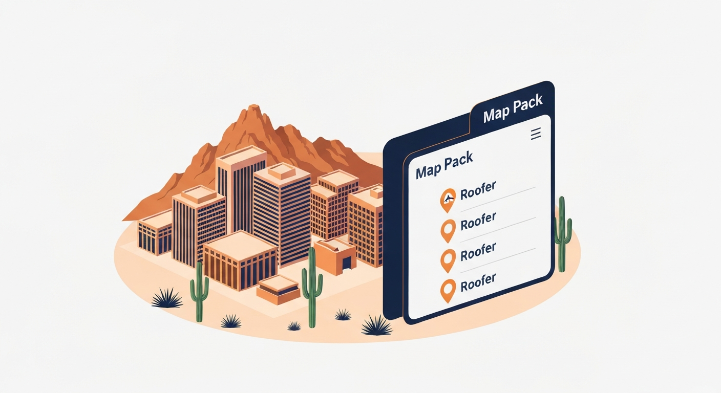 A Map Pack ranking visualization for Roofer businesses in Phoenix.