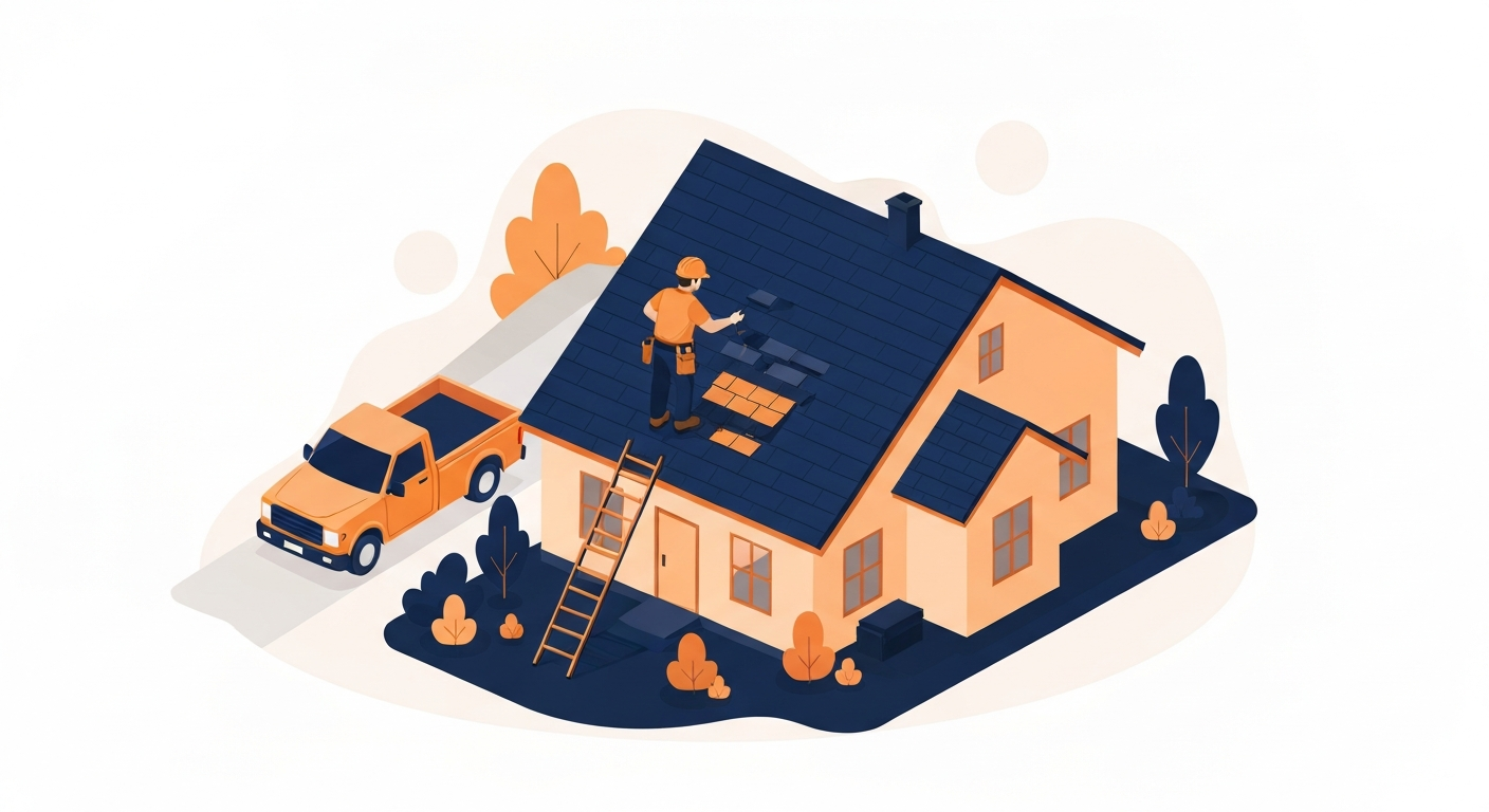 A roofing contractor crew working on a residential pitched roof with shingles, trucks, and ladders, illustrated in a clean B2B style.