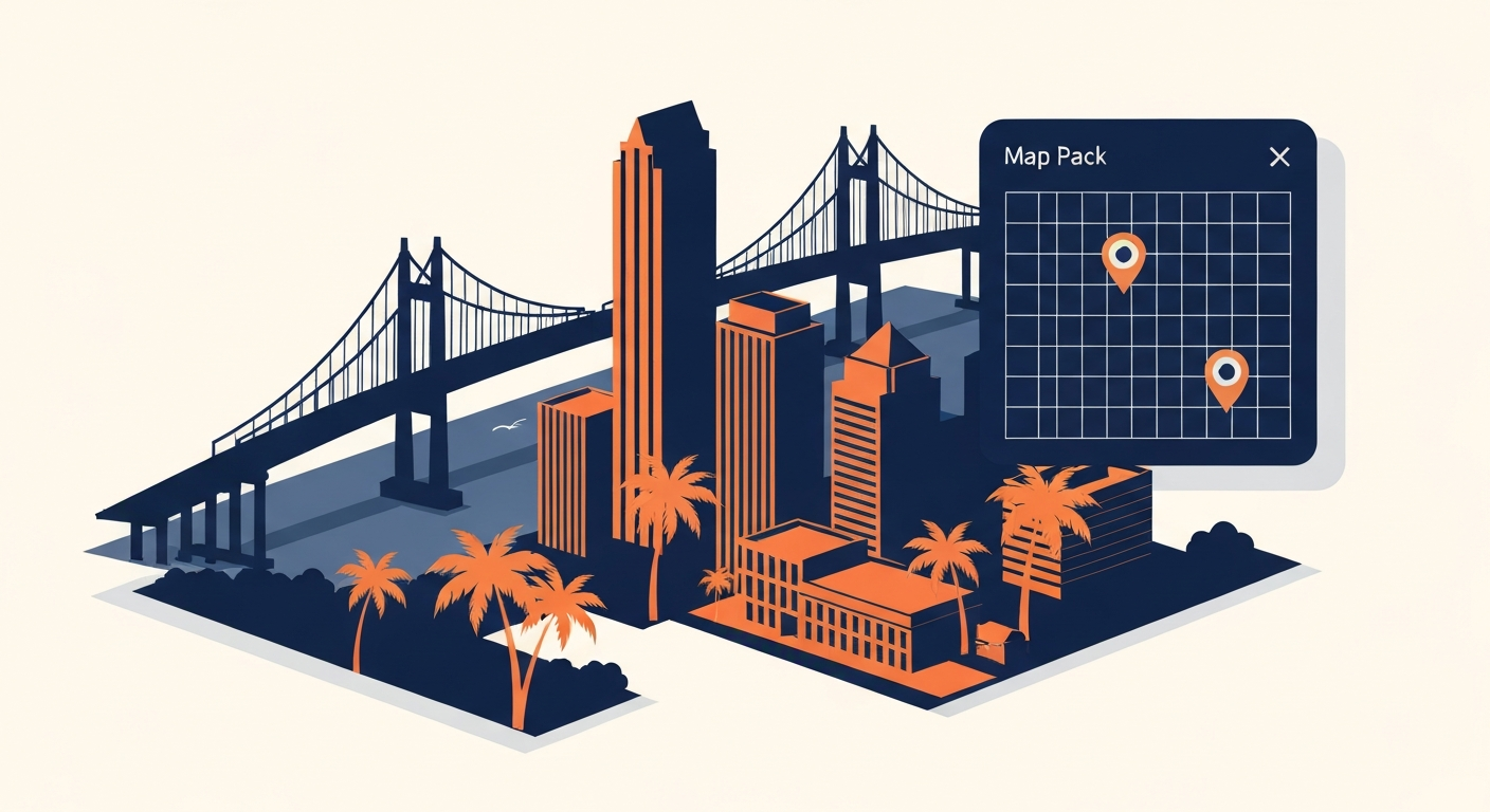 Tampa Florida bay skyline with the Sunshine Skyway Bridge silhouette and a Map Pack panel showing three location pins overlaid on a Tampa Bay metro grid.