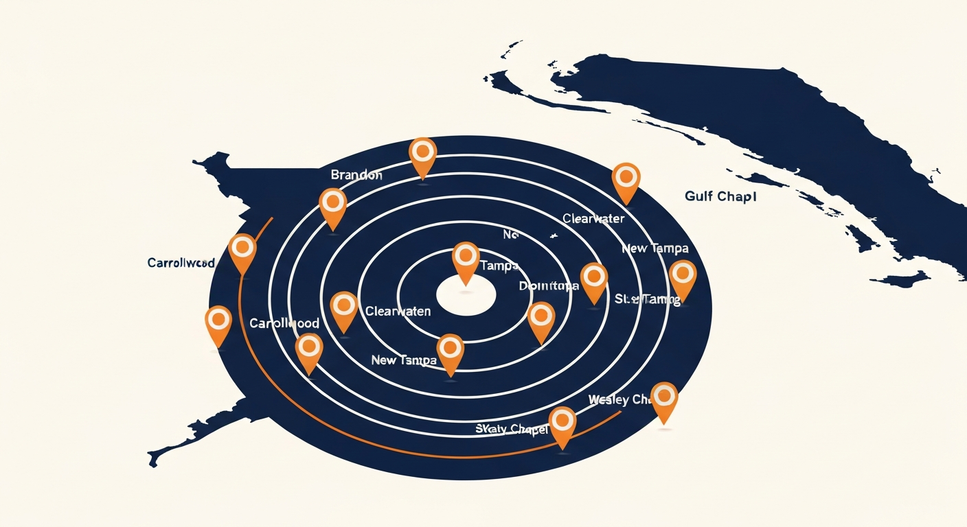 A geographic coverage map of the Tampa Bay metro showing reach circles centered on downtown Tampa with Brandon, Carrollwood, Clearwater, New Tampa, South Tampa, St. Petersburg, and Wesley Chapel labeled as service neighborhoods.